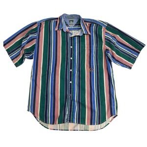 McIntosh & Seymour Mens Large Striped Short Sleeve Button Down Shirt Soccer Logo